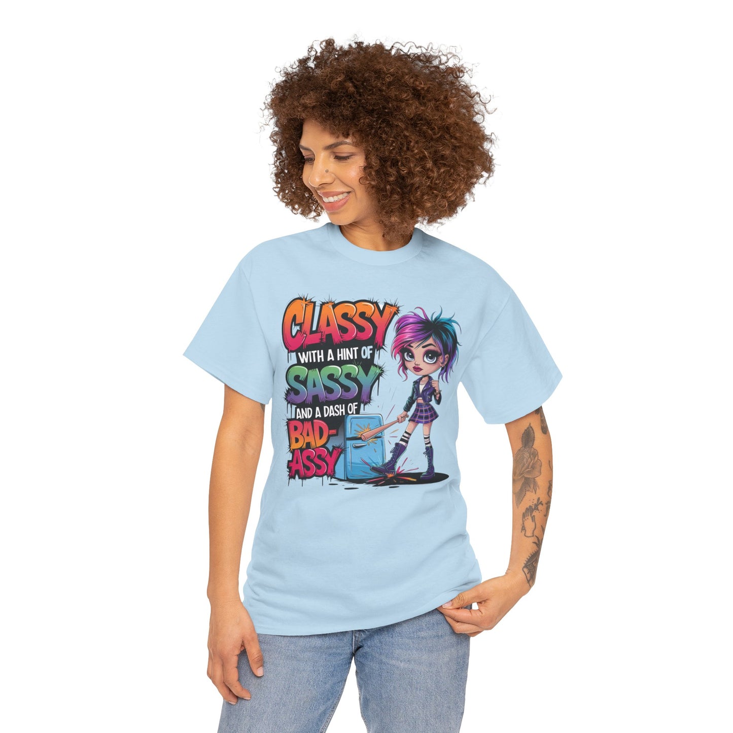 Light blue quote t-shirt on model – chill color, hot attitude, and unstoppable sass vibes