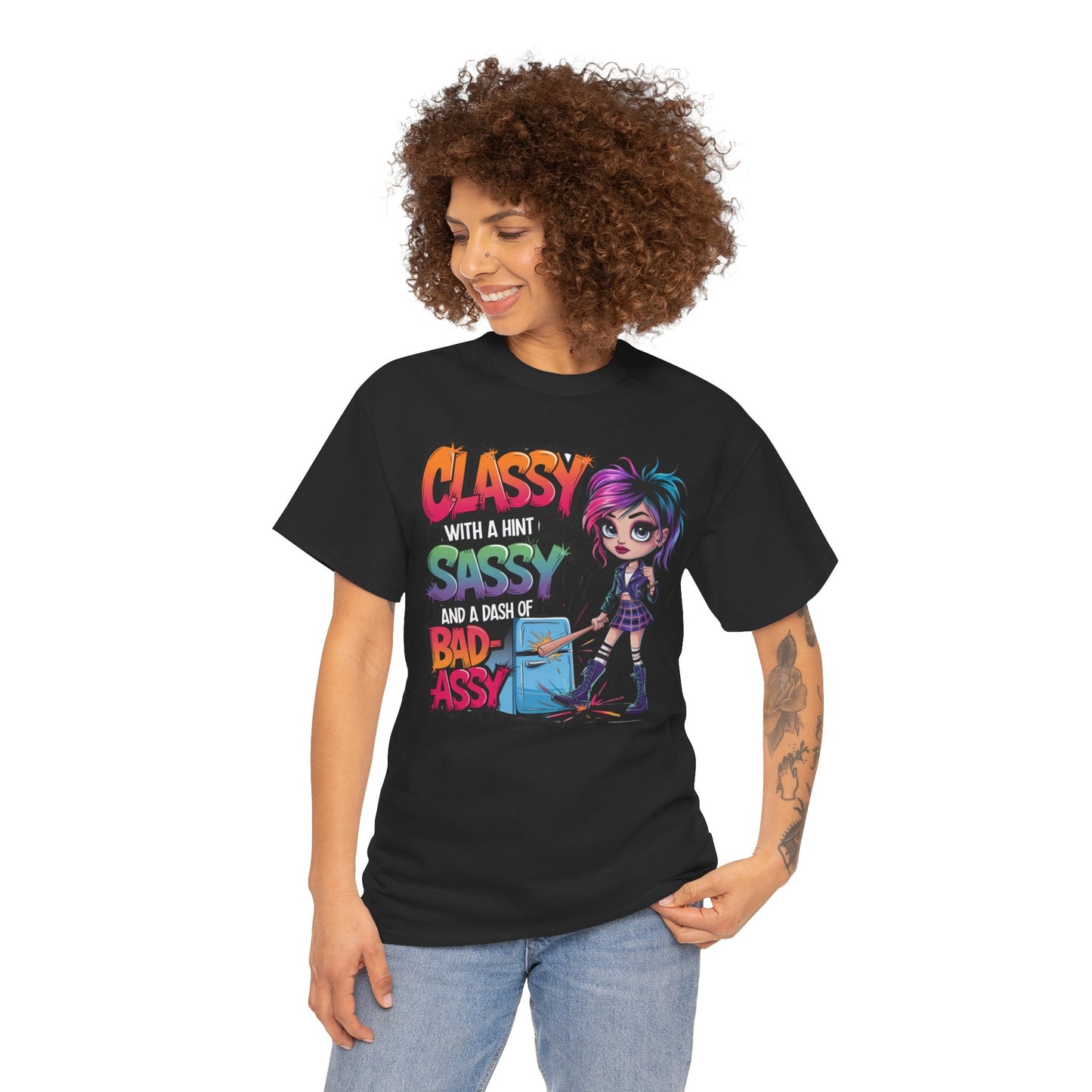 Edgy black graphic tee worn by model – bold and badass look that screams confidence and power