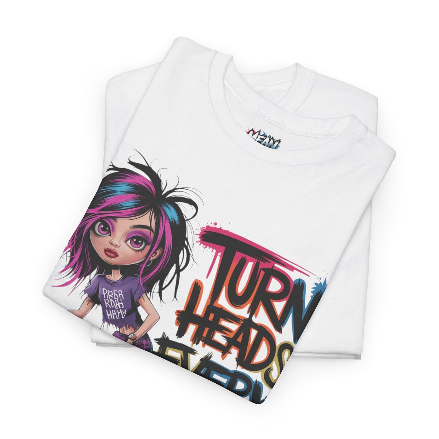 Folded white “Turn Heads Every Day” tee with bold black and pink lettering – clean, crisp, and confidence-packed.