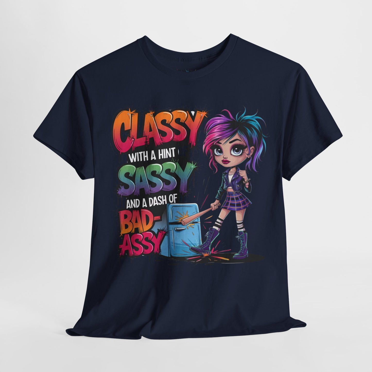 Navy bold statement tee hanging – empowering design for women who bring class, sass, and bad-ass energy