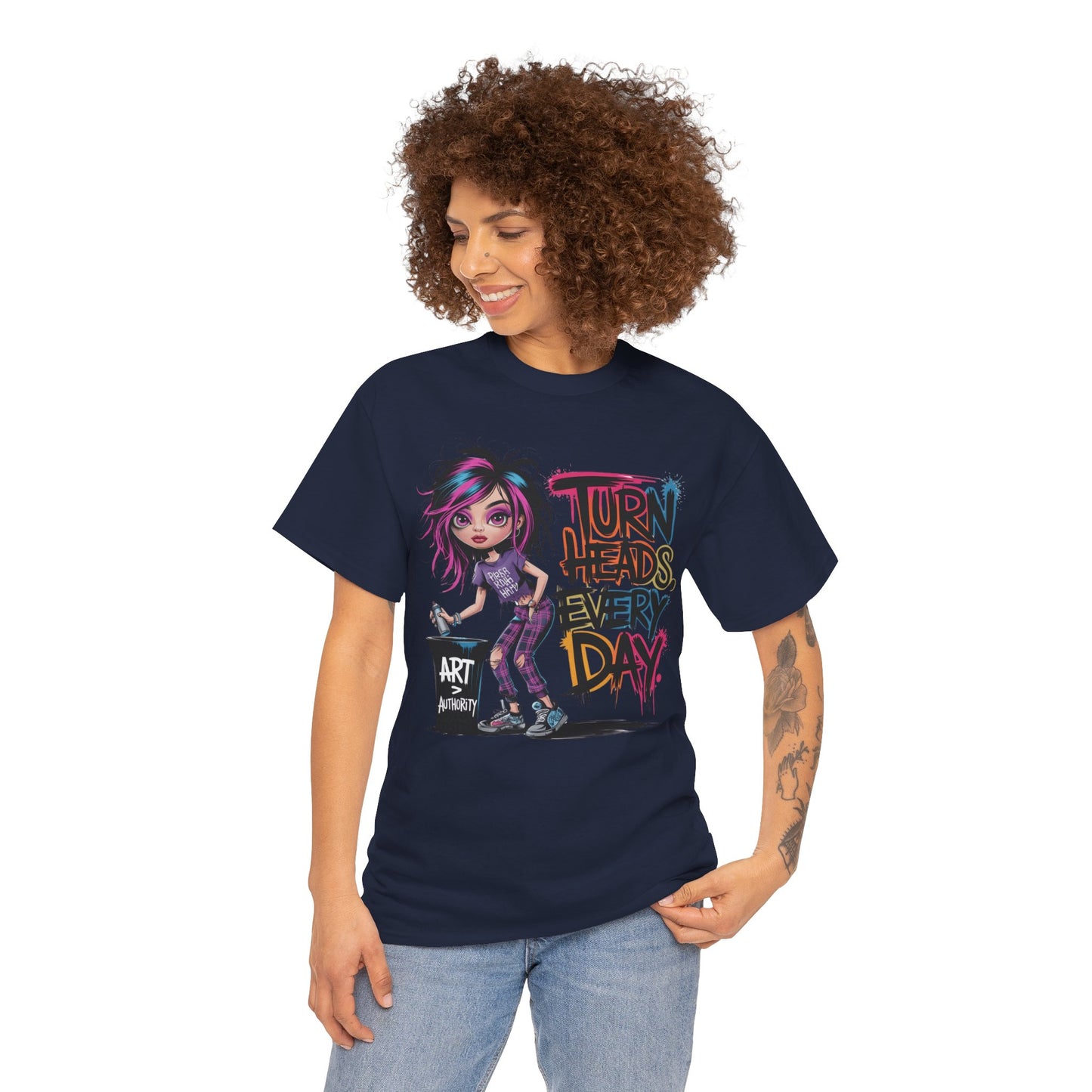 Model showing off the navy “Turn Heads Every Day” shirt – clean lines, killer confidence, and 100% no apologies.