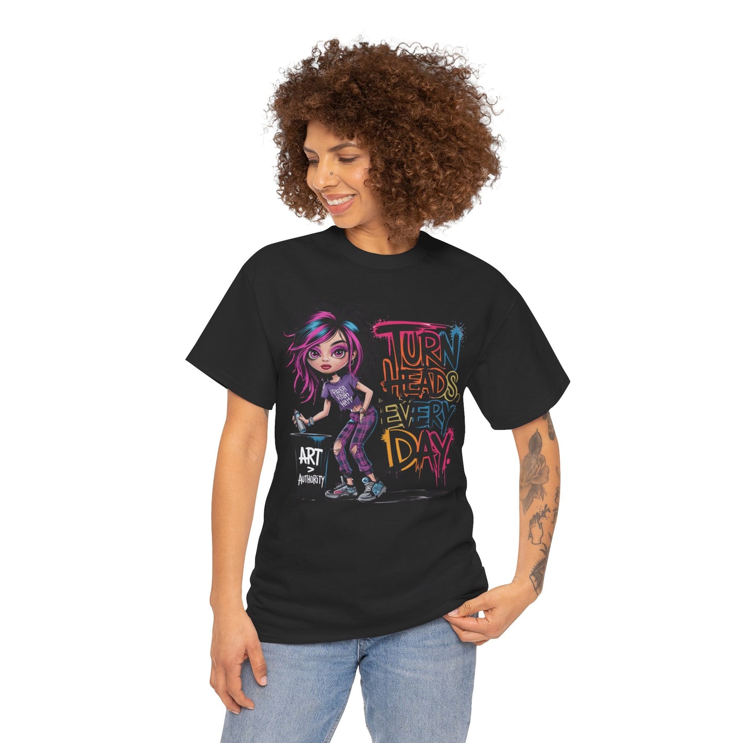 Fierce model styling the black “Turn Heads Every Day” tee – moody, modern, and serving that don’t-look-away energy.