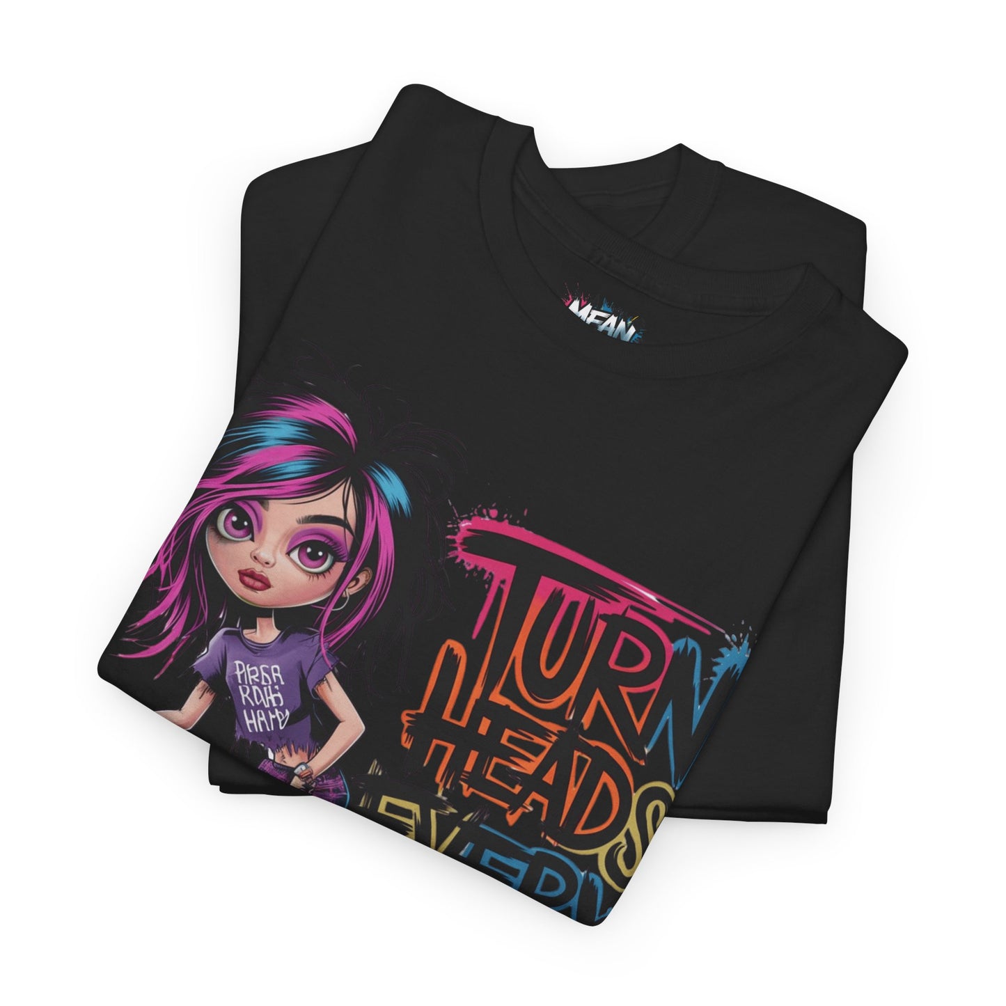Folded black graphic tee featuring “Turn Heads Every Day” slogan – sleek, edgy, and attitude-filled for bold babes.