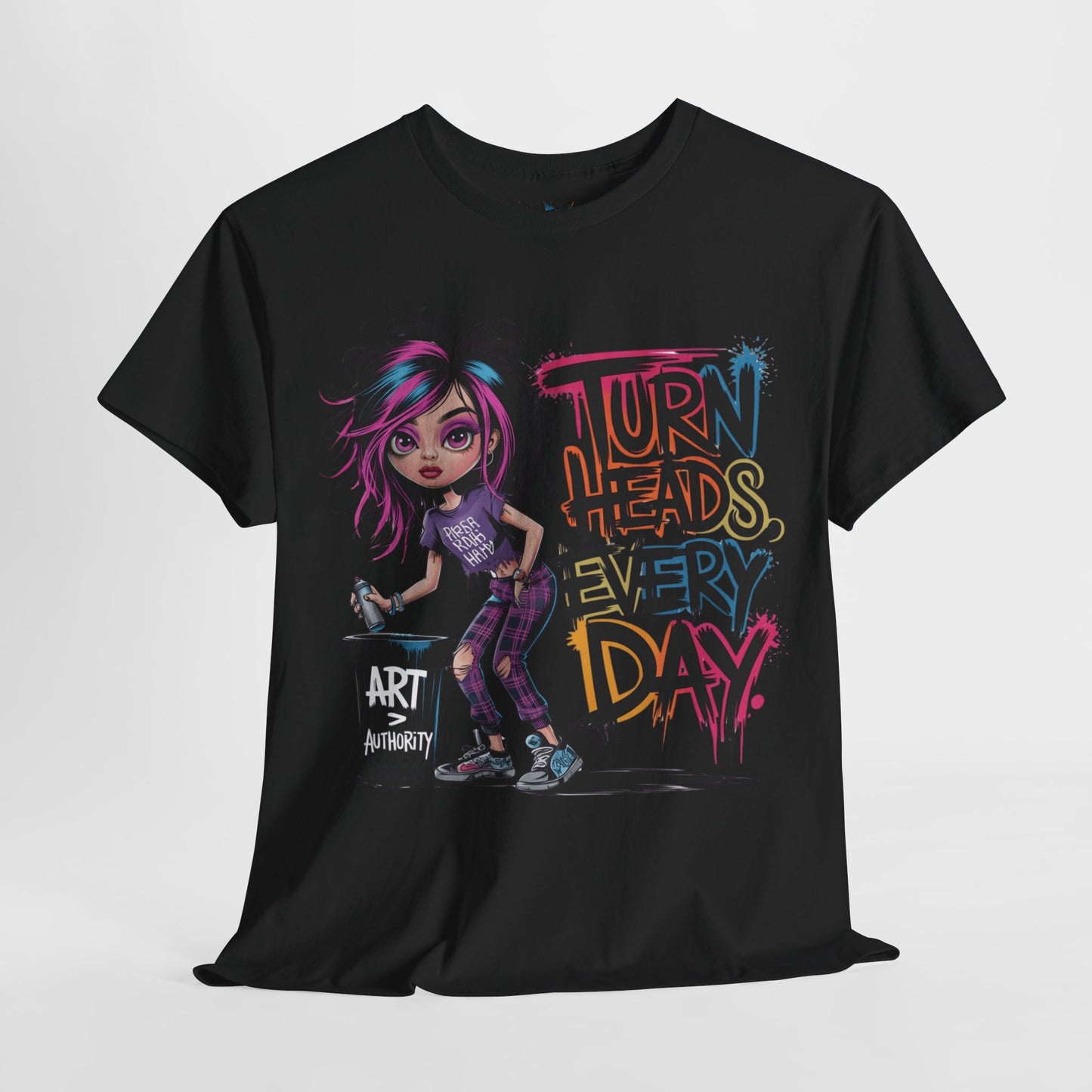Edgy black tee with bold “Turn Heads Every Day” print, hanging stylishly – a whole mood with a don’t-mess-with-me vibe.