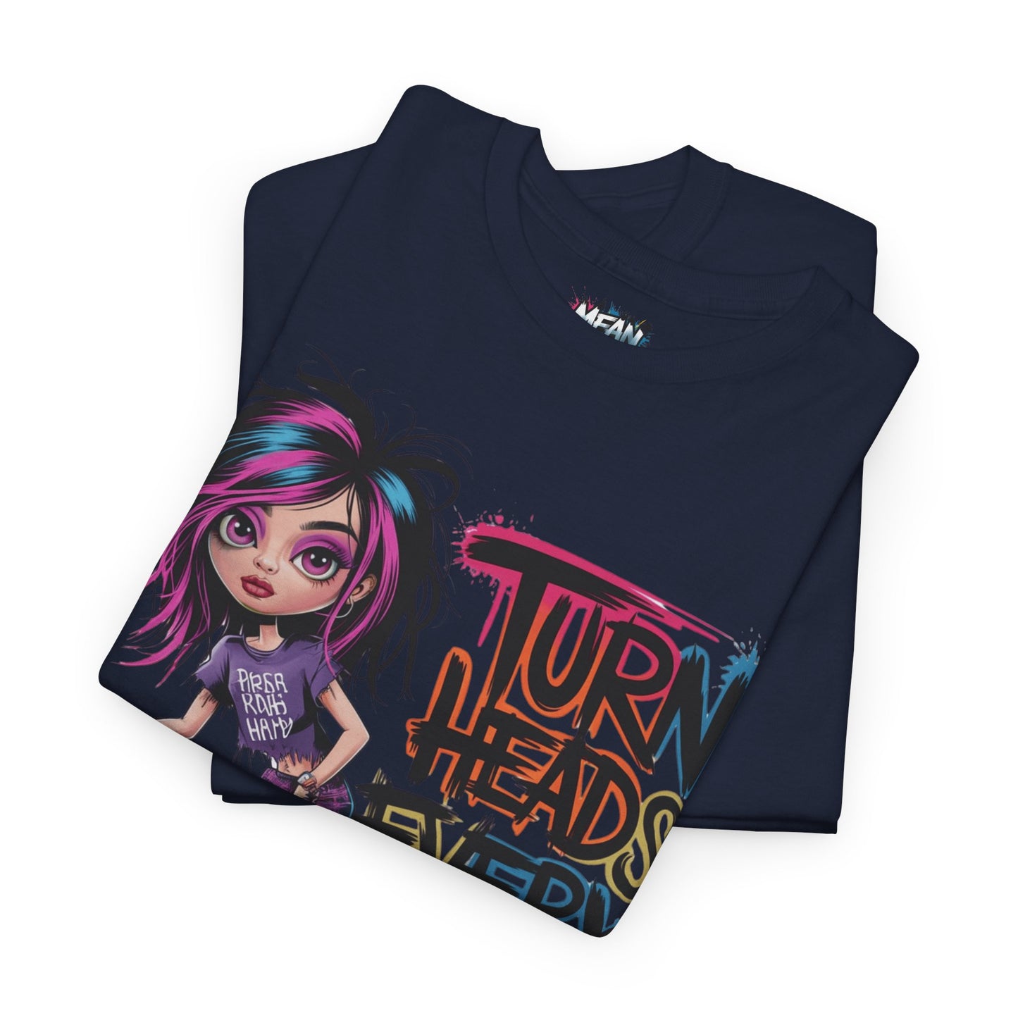 Folded navy “Turn Heads Every Day” women’s shirt – dark, daring, and ready to help you own the room.