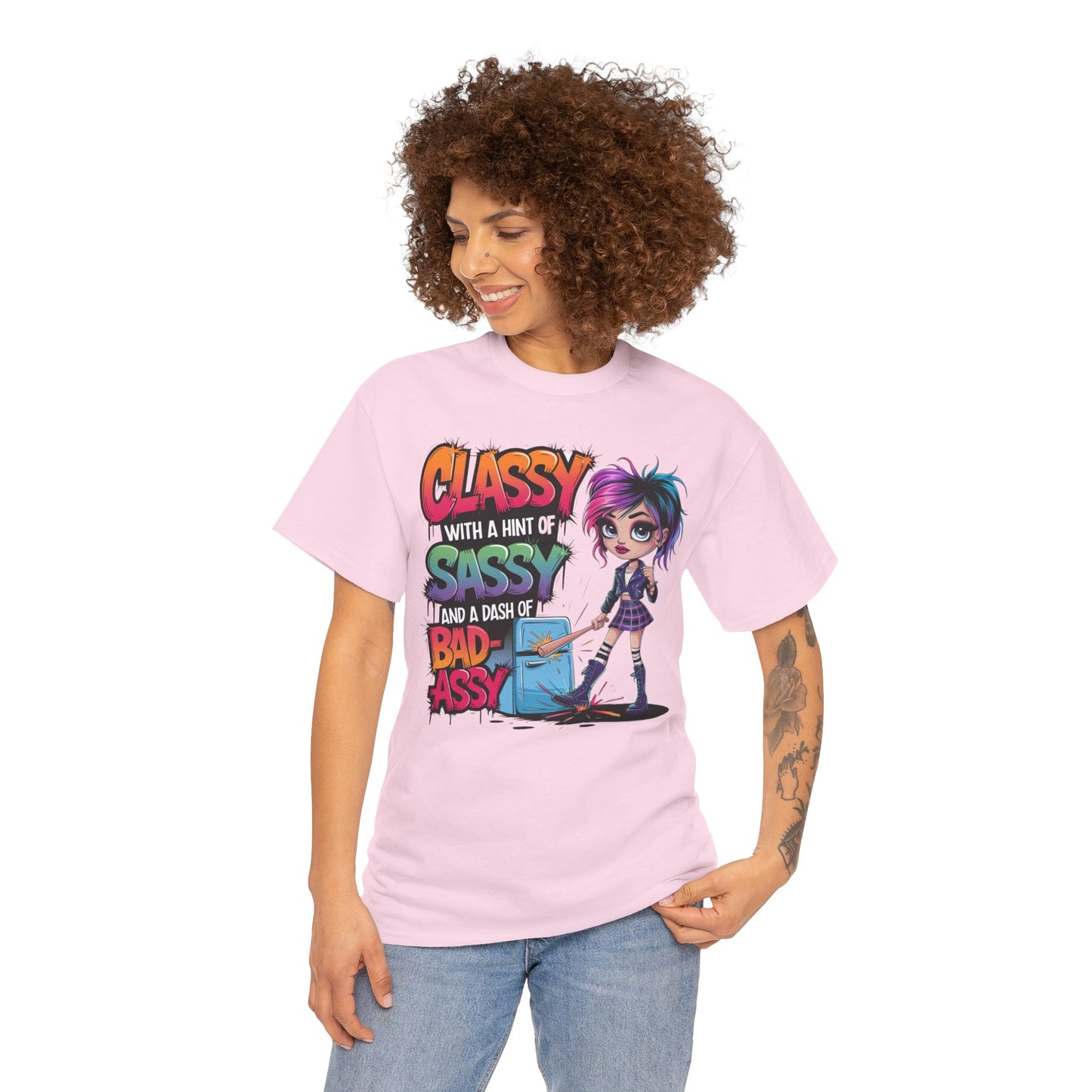Model rocking pink statement shirt with cheeky quote – flirty, fun, and full of fearless feminine energy