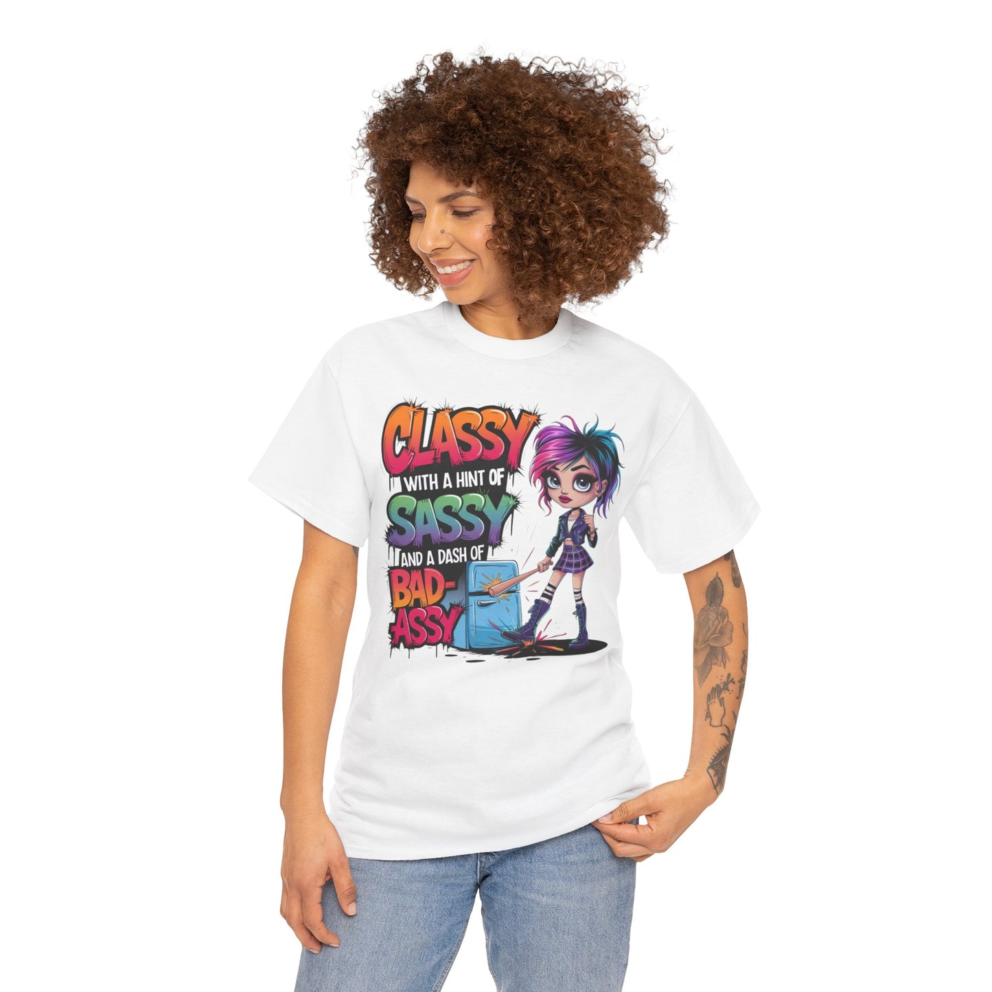 Confident woman wearing white graphic tee with bold sassy quote – classy style with fierce attitude