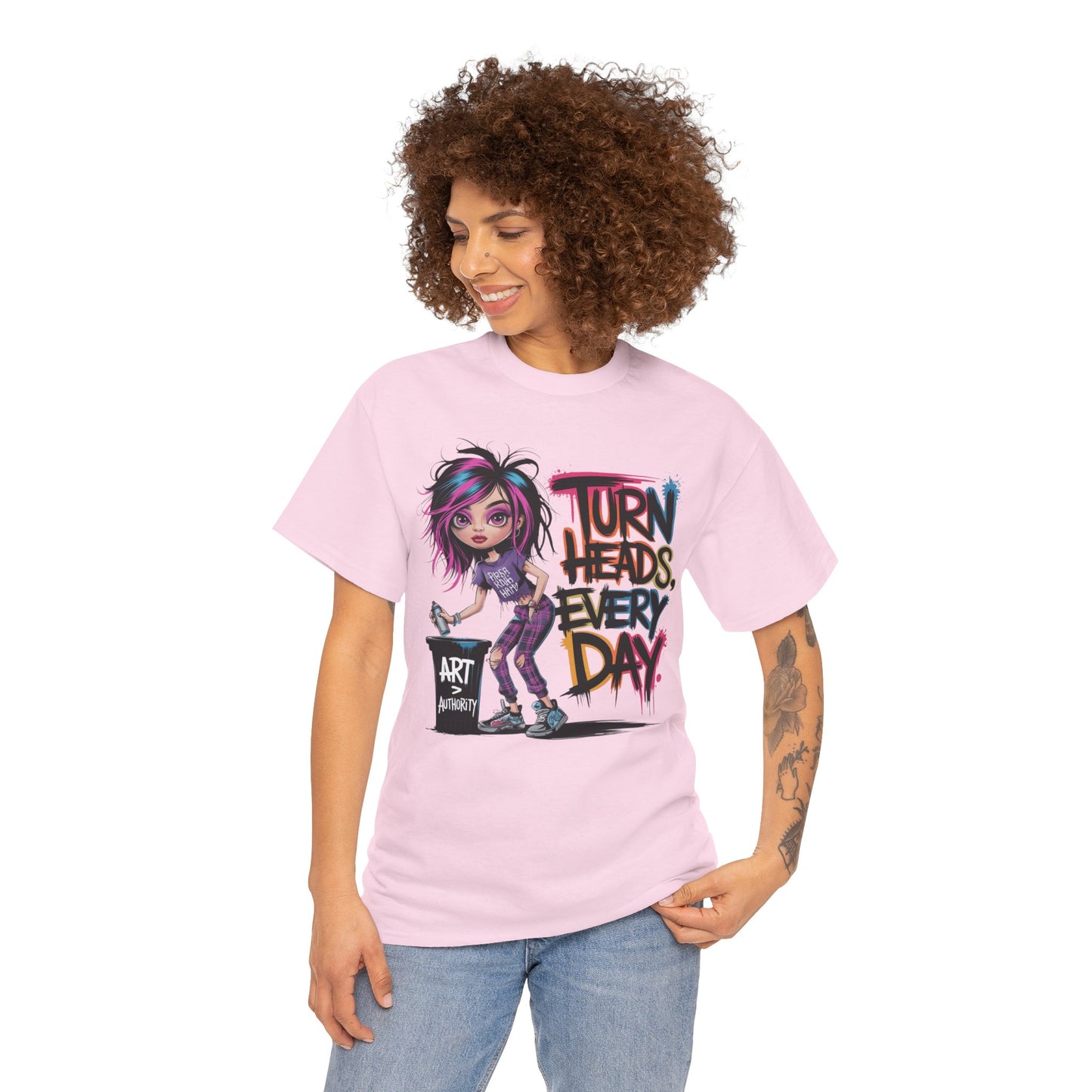 Model rocking the pink “Turn Heads Every Day” t-shirt – sweet with sass and attitude for days.
