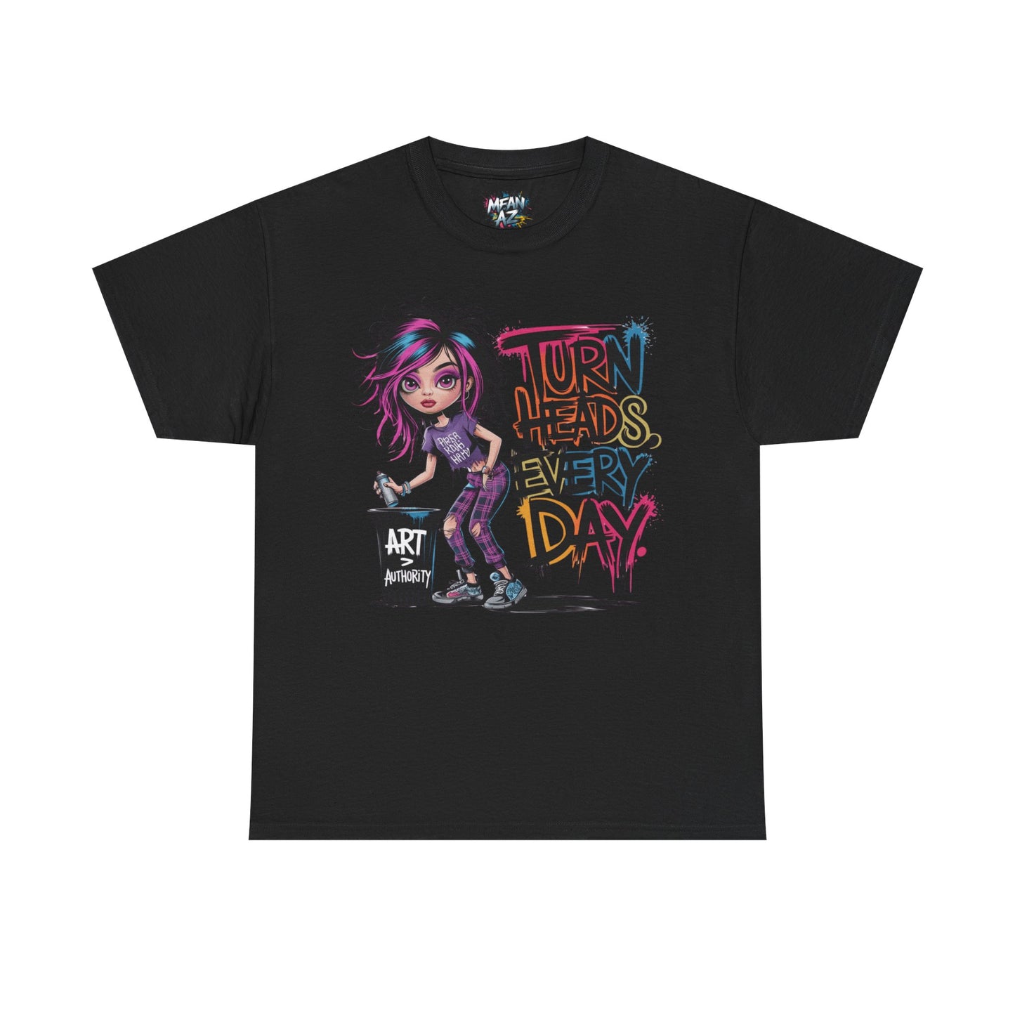 Bold black flatlay of “Turn Heads Every Day” empowering tee – edgy, unapologetic, and made for confident women.
