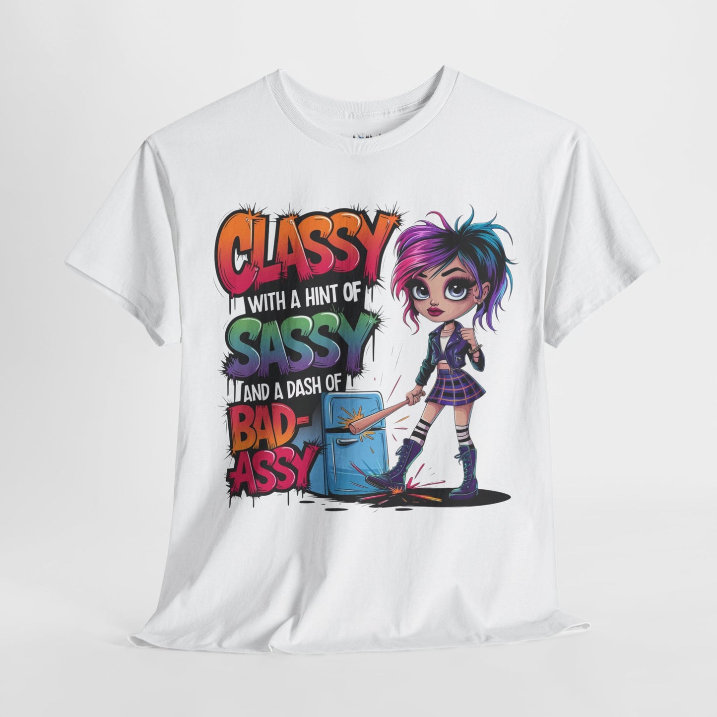 White graphic tee with empowering quote hanging on display – bold, classy and confident fashion for women