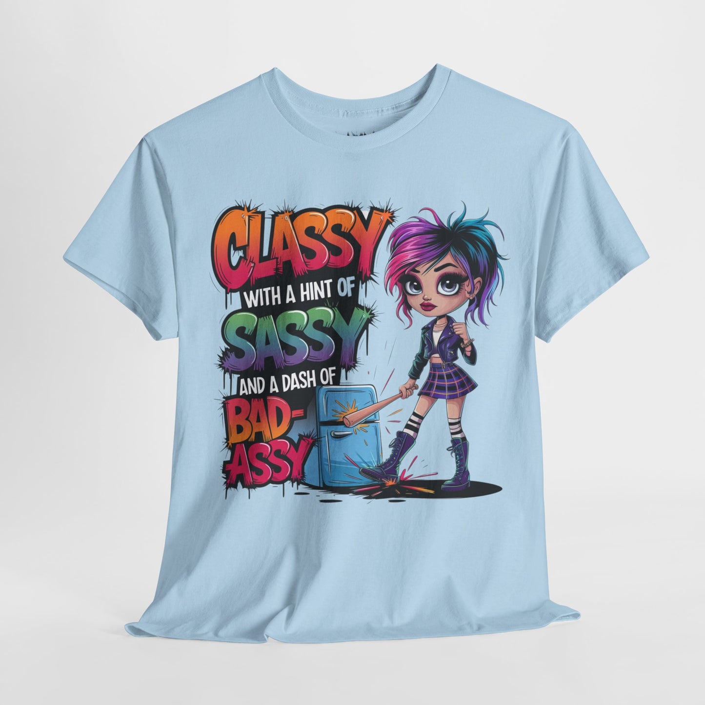 Light blue quote tee on hanger – cool tone with hot sass for fashion-forward, unapologetic queens