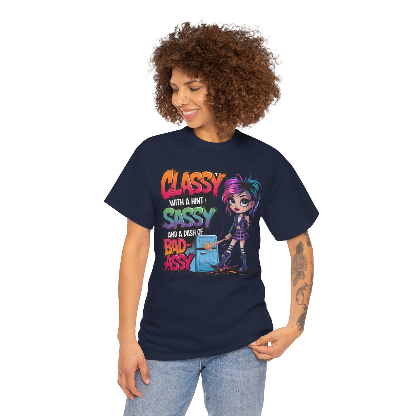 Fierce model in navy empowering slogan tee – bringing bold energy and unapologetic style to the spotlight