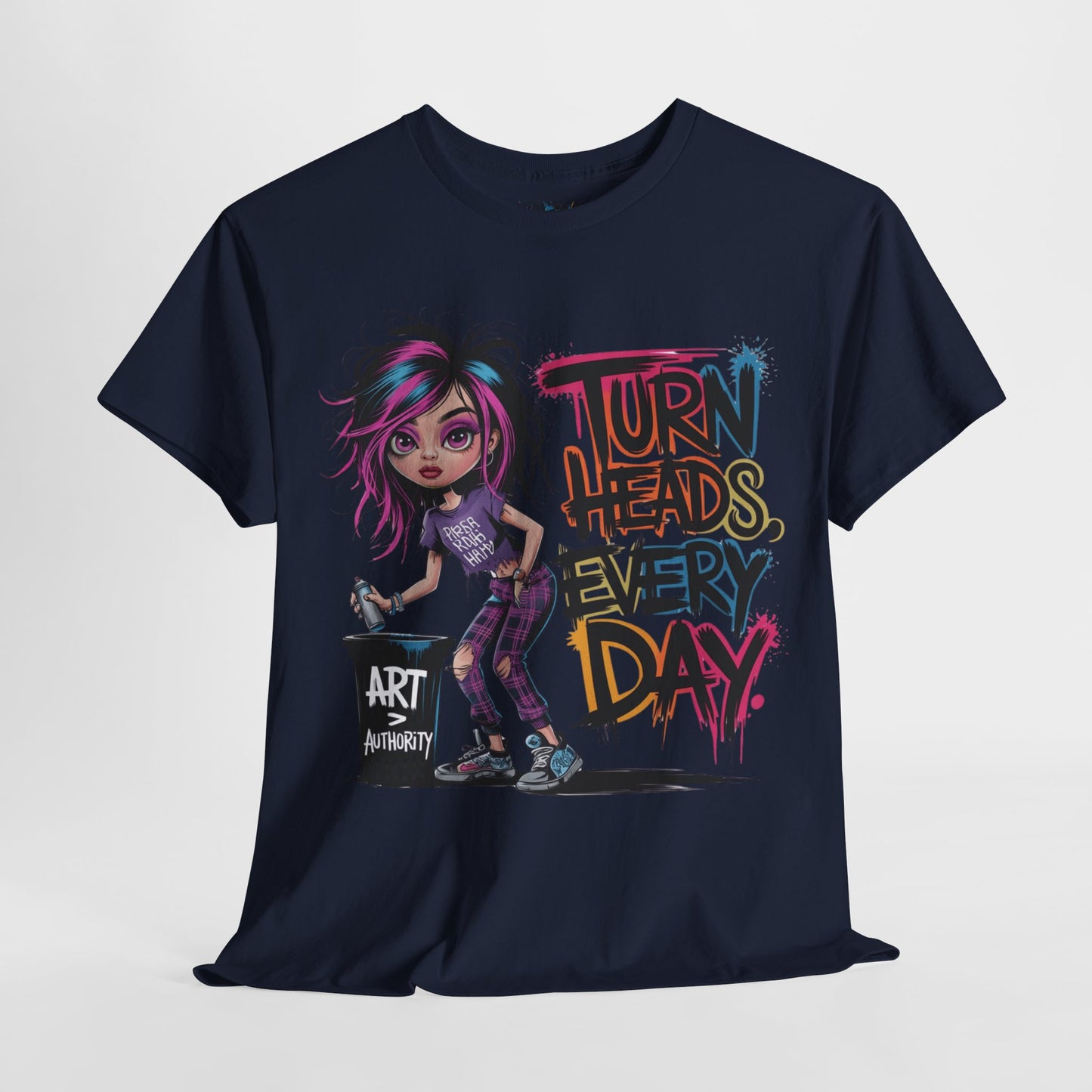 Deep navy “Turn Heads Every Day” tee displayed on a hanger – dark, daring, and totally unstoppable.