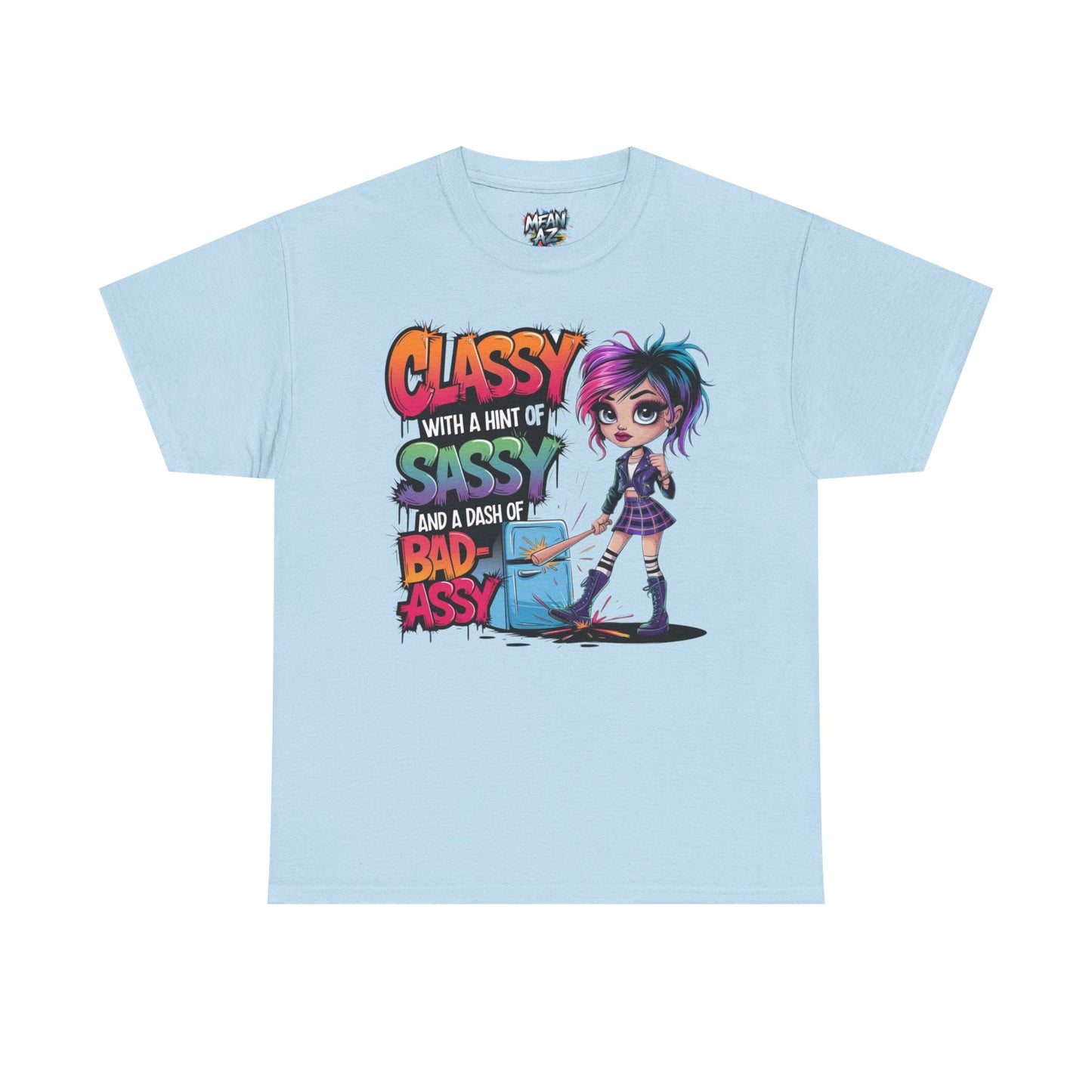 Flatlay of light blue stylish tee with cheeky message – cool color and hotter attitude for unstoppable babes