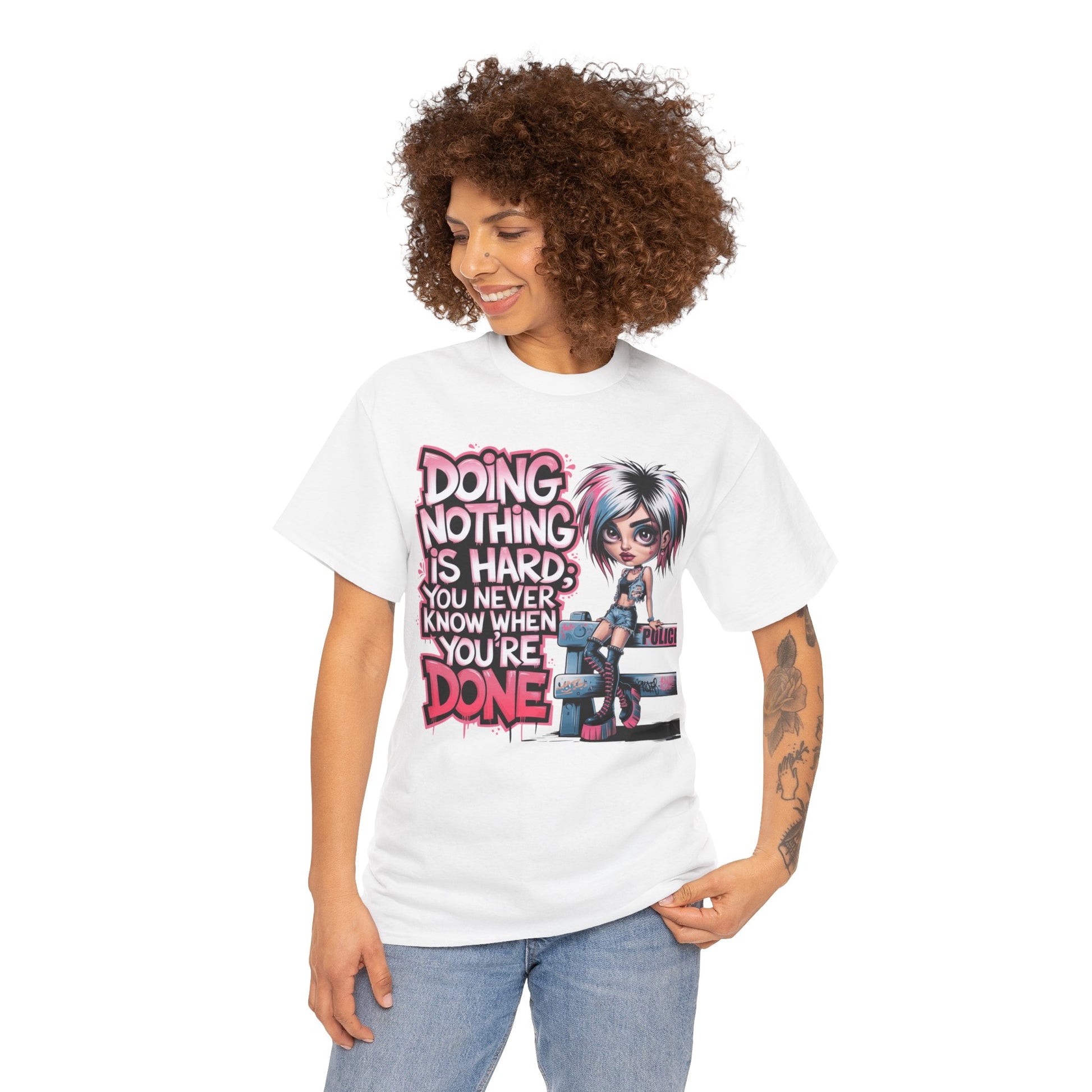 Curly-haired model in white tee – 'Doing Nothing Is Hard' motivational fashion moment