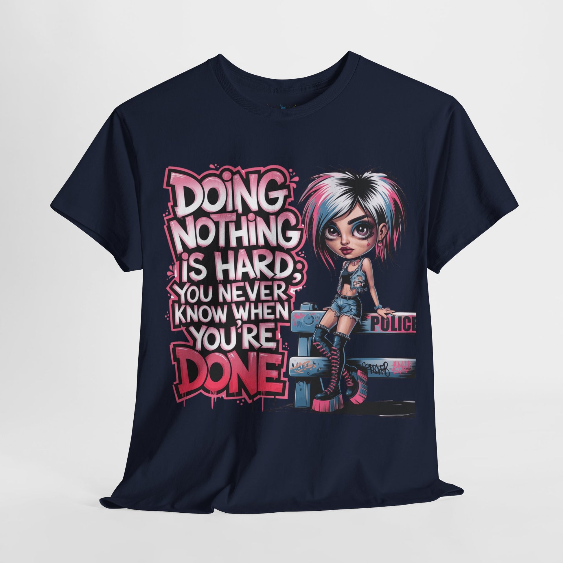 Mean Az Navy t-shirt on hanger – 'Doing Nothing Is Hard' mockup girl power graphic tee
