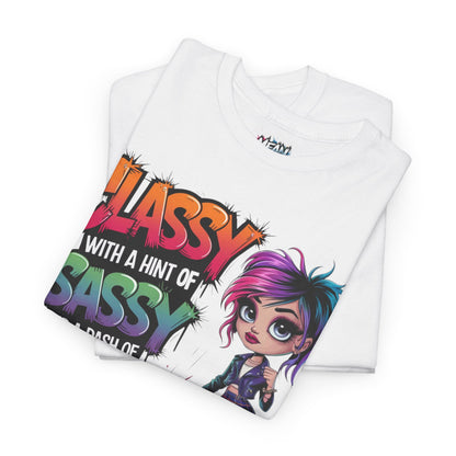Folded white women’s graphic tee with bold quote – classy yet fierce style from Mean Az for empowered fashionistas