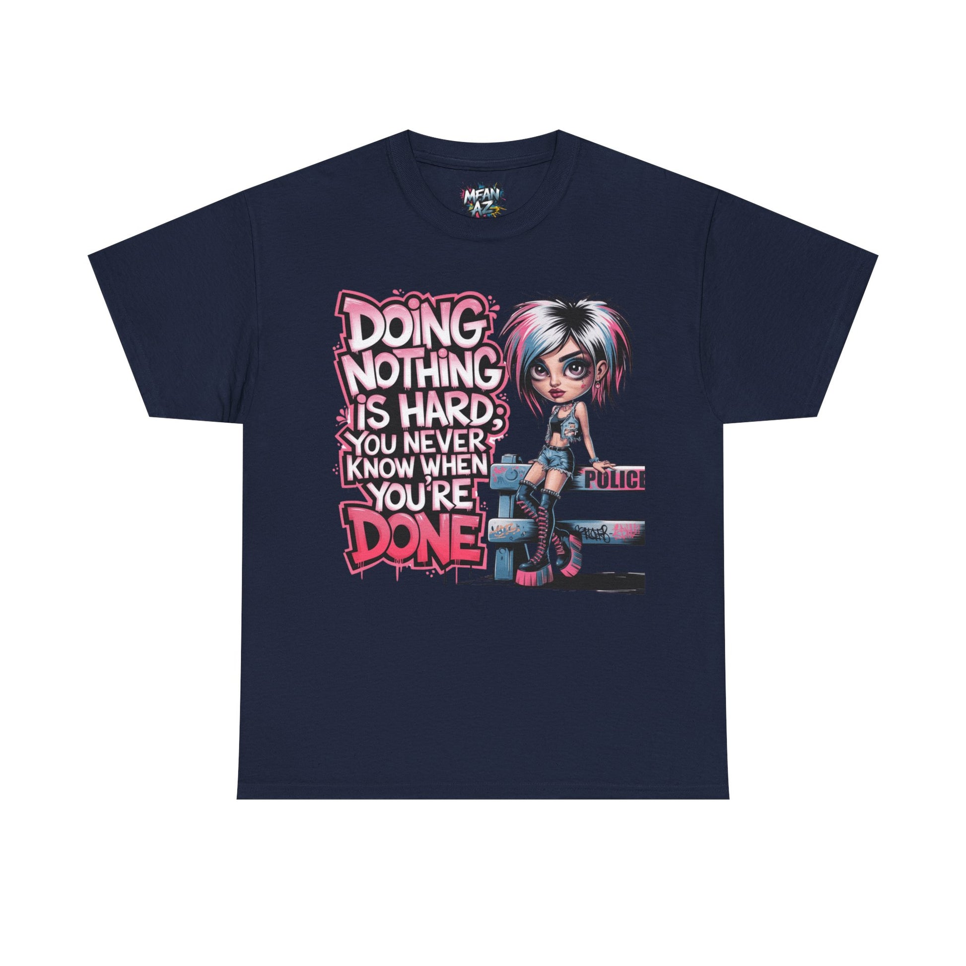 Flatlay of Navy graphic tee – 'Doing Nothing Is Hard' quote shirt for Style Rebels