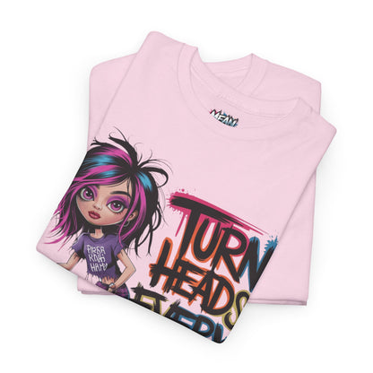 Neatly folded pink “Turn Heads Every Day” shirt – soft with sass, and stacked with fierce feminine energy.