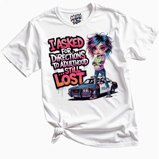 Funny quote t-shirt for women – sarcastic “I Asked for Directions” tee laid out with casual accessories