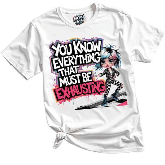 Mean Az Bold women’s graphic tee – sarcastic “You Know Everything?” slogan shirt in flatlay style