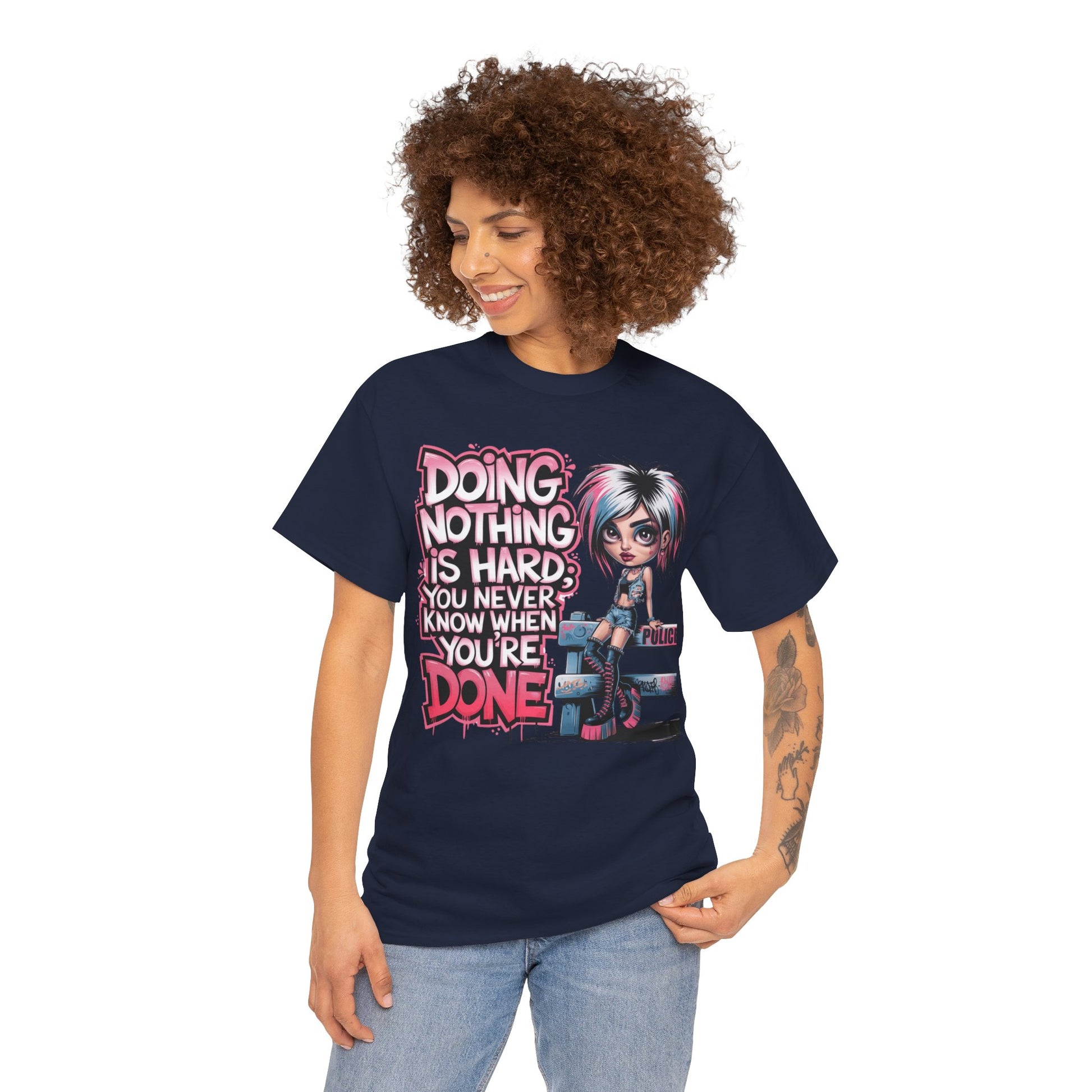 Mean Az Model in Navy slogan shirt – 'Doing Nothing Is Hard' styled with jeans for edgy everyday look