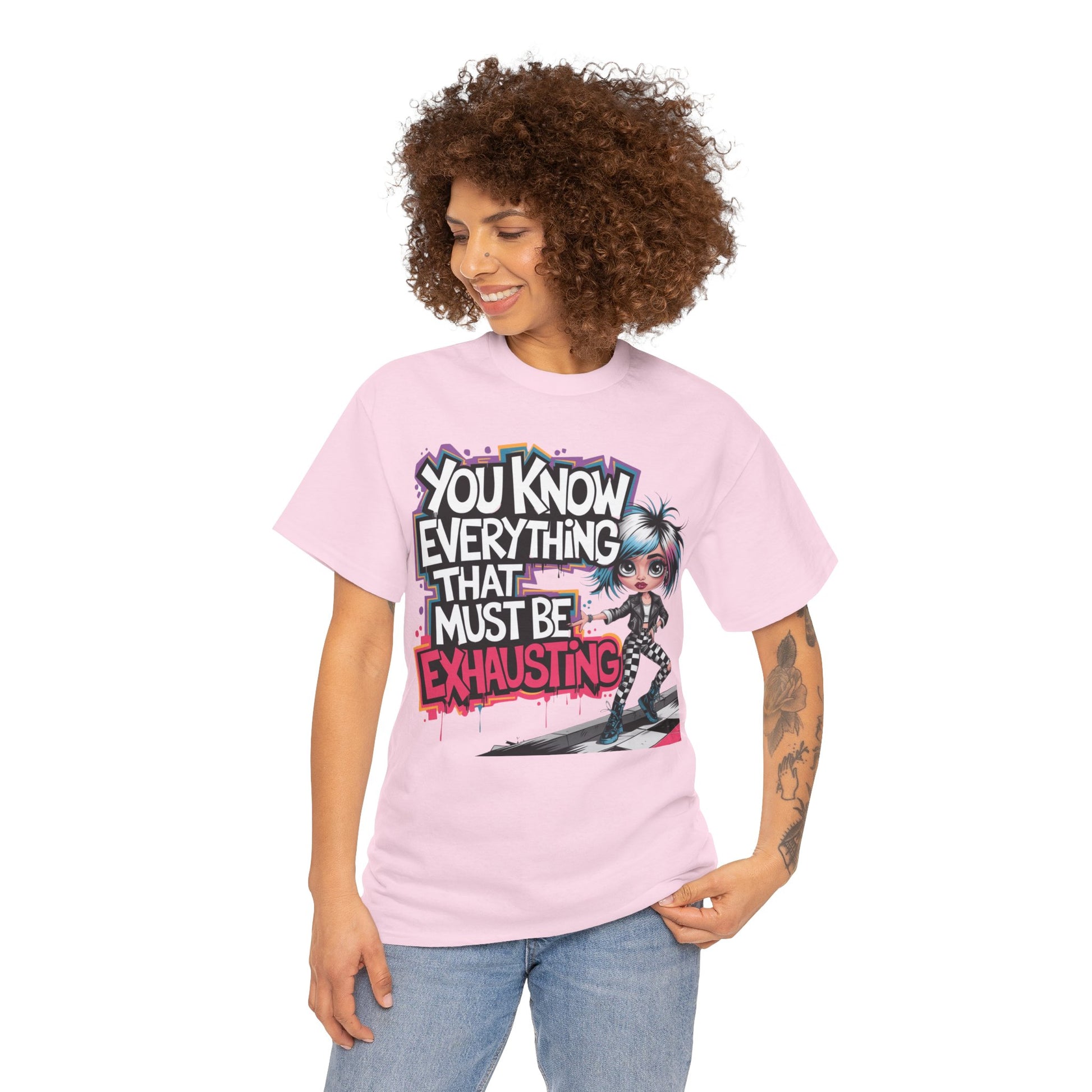Model in pink Edgy Graphic Tee for Her – “That Must Be Exhausting” quote with fierce attitude 